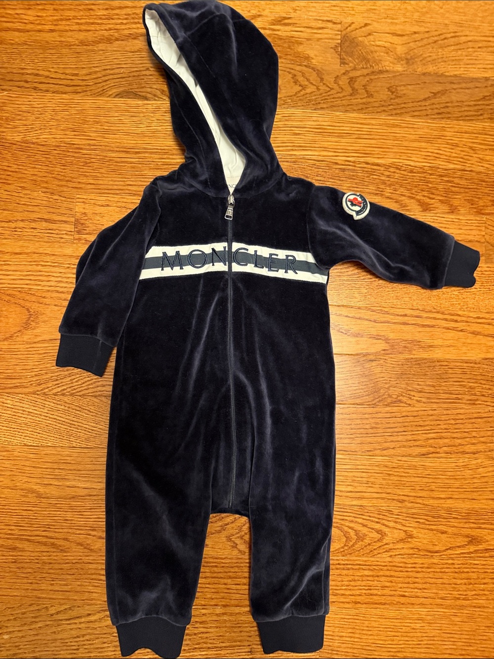 Moncler Navy and White Hooded Baby One-Piece Velour Jumpsuit